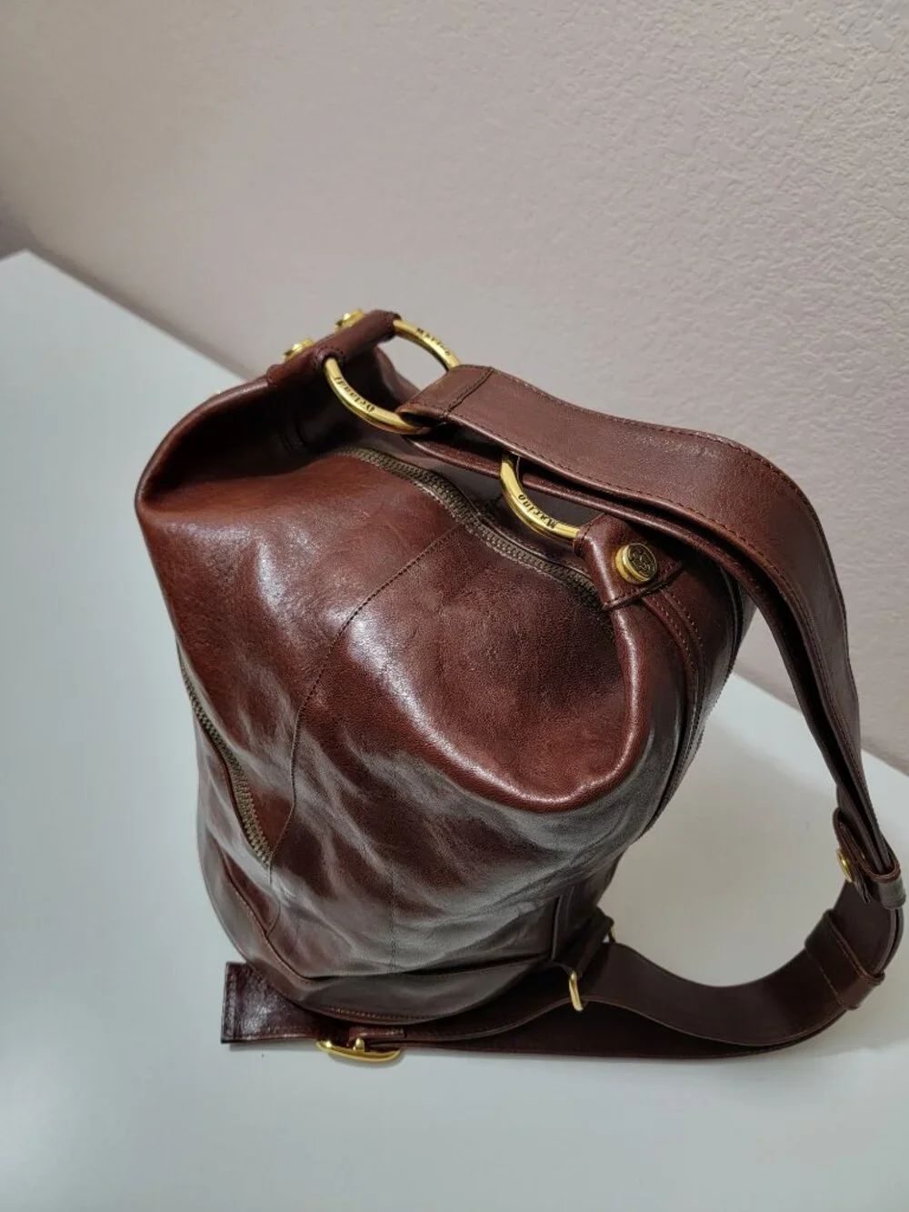 Marino Orlandi Brown Leather Bucket Bag Convertible Sling Backpack Italy